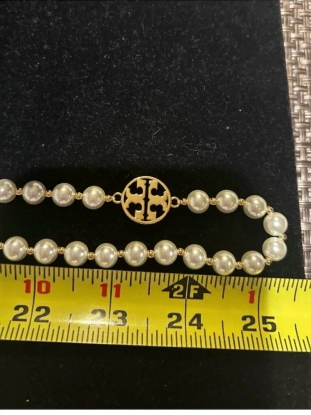 Tory Burch White Pearl Long Necklace with Gold Logo Discs